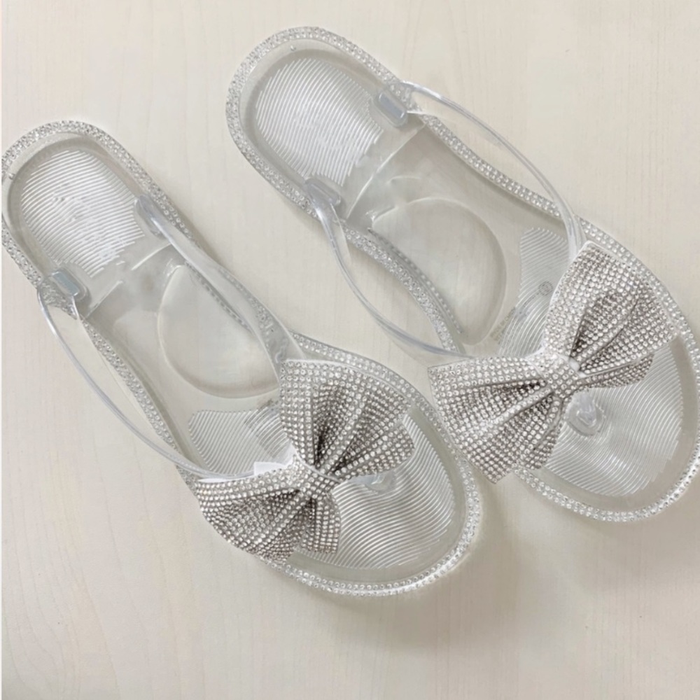 Clear Jelly Rhinestone Bow Thong Sandals - Picture 2 of 9